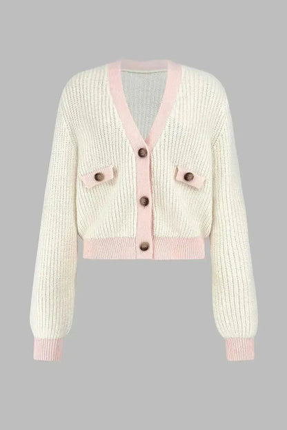Contrast Trim Button Up Dropped Shoulder Cardigan - Bad Moms Club
