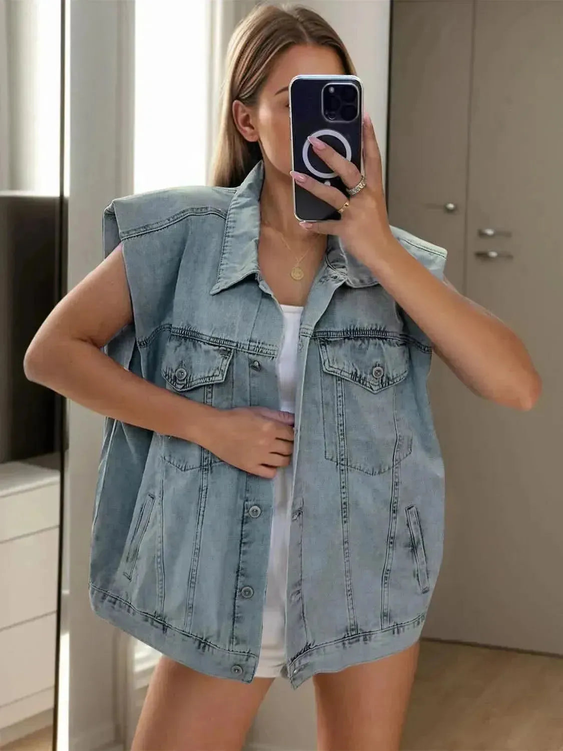 Pocketed Button Up Cap Sleeve Denim Jacket - Bad Moms Club