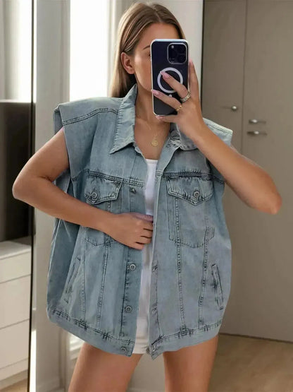 Pocketed Button Up Cap Sleeve Denim Jacket - Bad Moms Club
