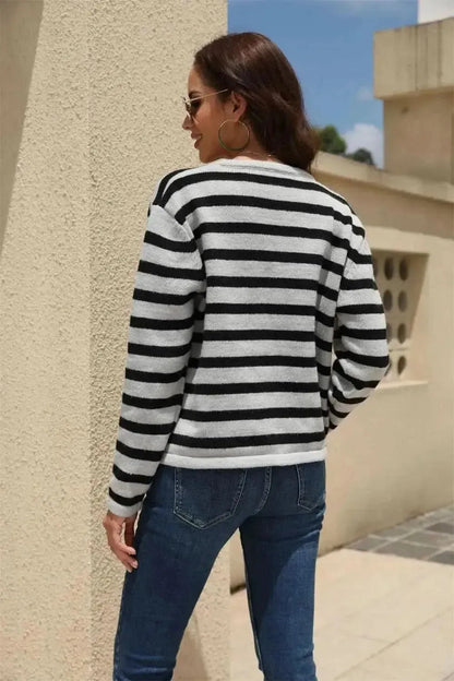 Striped Round Neck Button-Down Dropped Shoulder Cardigan - Bad Moms Club