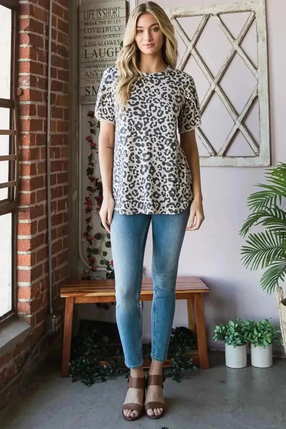 Heimish Leopard Round Neck Petal Sleeve T-Shirt - Bad Moms Club