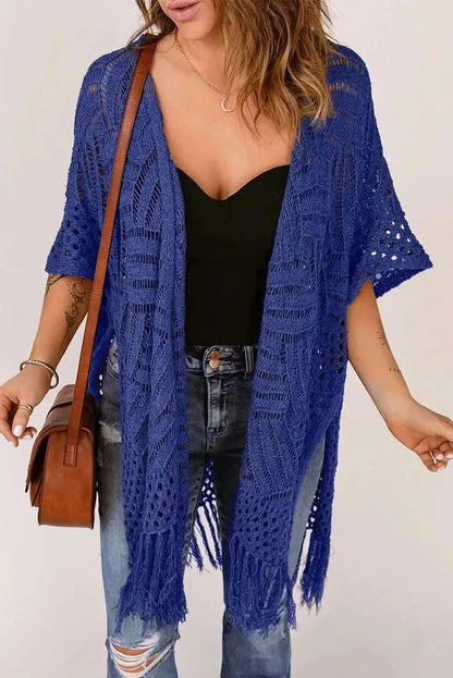 Openwork Open Front Cardigan with Fringes - Bad Moms Club