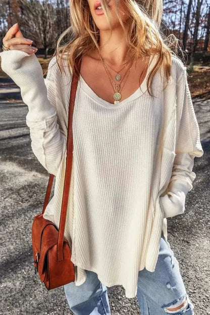 Exposed Seam Round Neck Long Sleeve Blouse - Bad Moms Club