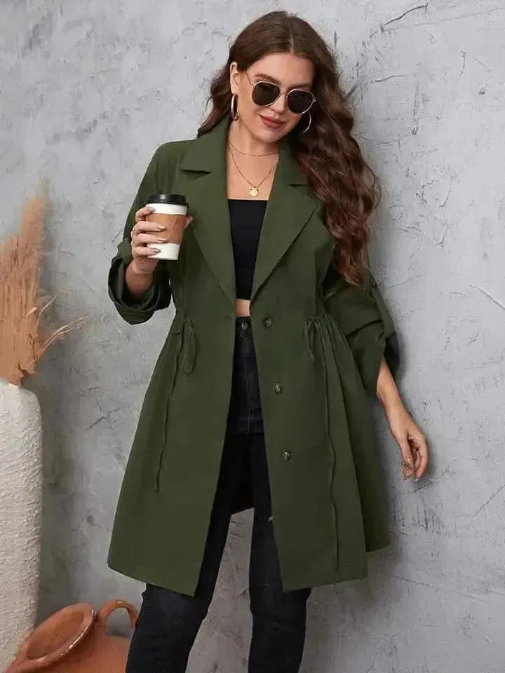 Plus Size Lapel Collar Roll-Tab Sleeve Trench Coat - Bad Moms Club