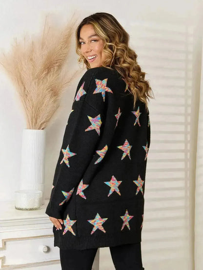 Star Pattern Open Front Cardigan with Pockets - Bad Moms Club