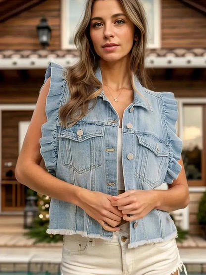 Raw Hem Ruffled Cap Sleeve Denim Jacket - Bad Moms Club