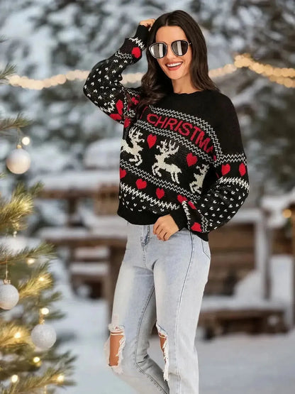 Perfee Christmas Element Round Neck Sweater - Bad Moms Club