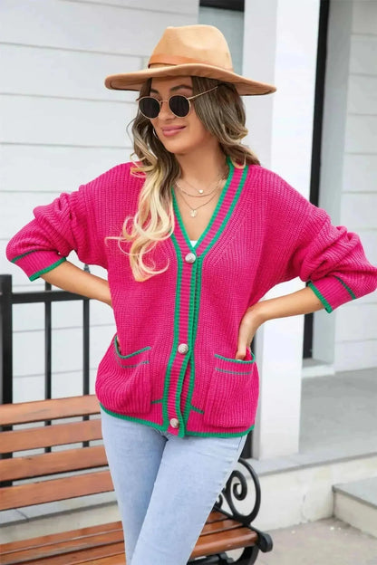 Waffle Knit V-Neck Cardigan with Pocket - Bad Moms Club