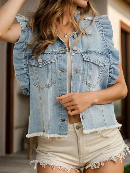 Raw Hem Ruffled Cap Sleeve Denim Jacket - Bad Moms Club