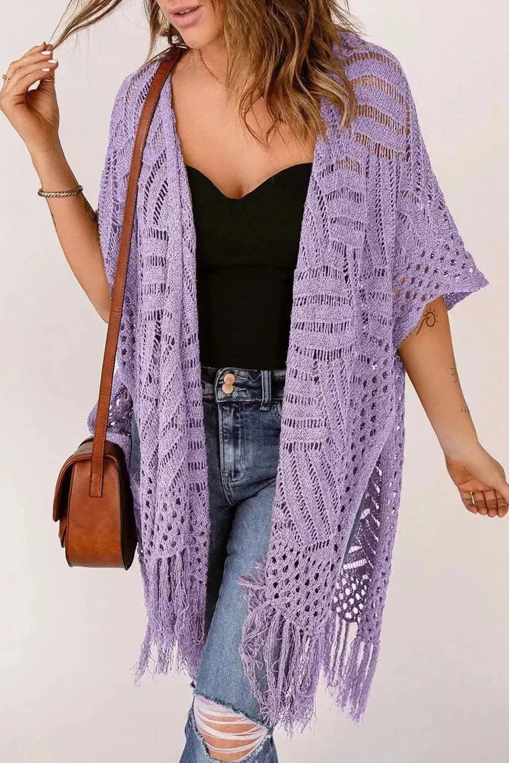 Openwork Open Front Cardigan with Fringes - Bad Moms Club