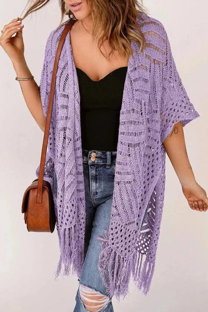 Openwork Open Front Cardigan with Fringes - Bad Moms Club