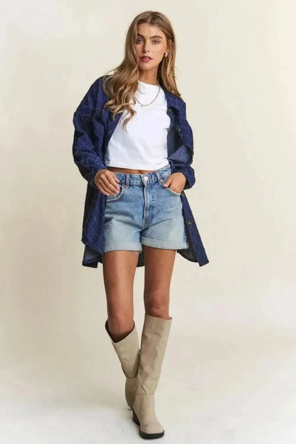 J.NNA Rhombus Stitched Button Up Denim Shacket - Bad Moms Club