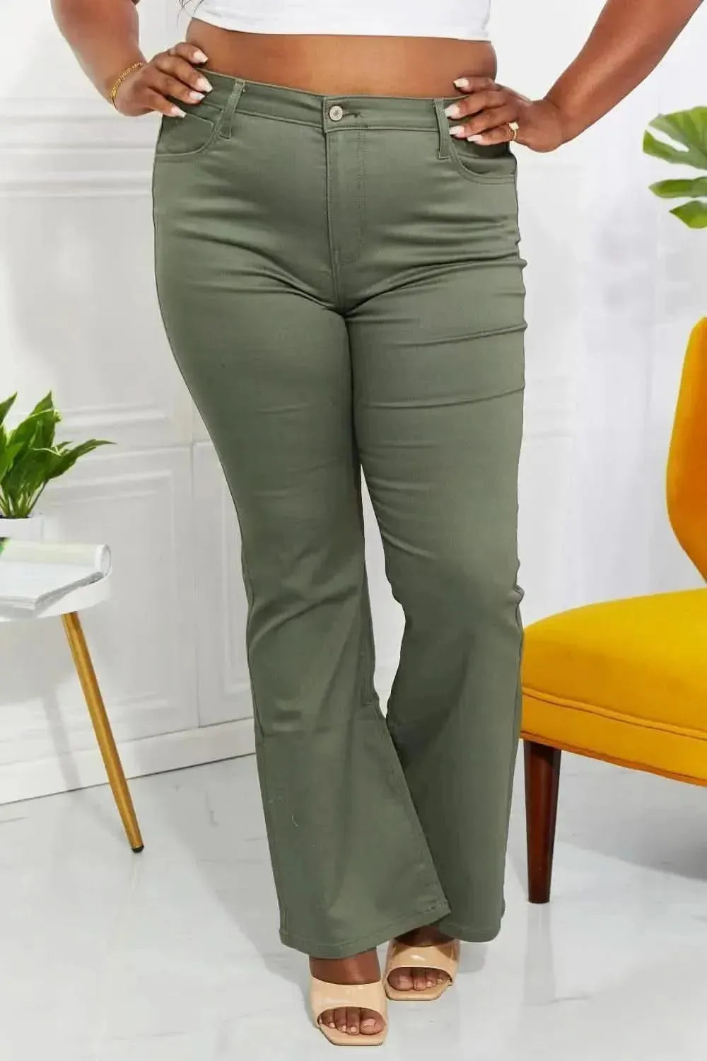 Zenana Clementine Full Size High-Rise Bootcut Jeans in Olive - Bad Moms Club