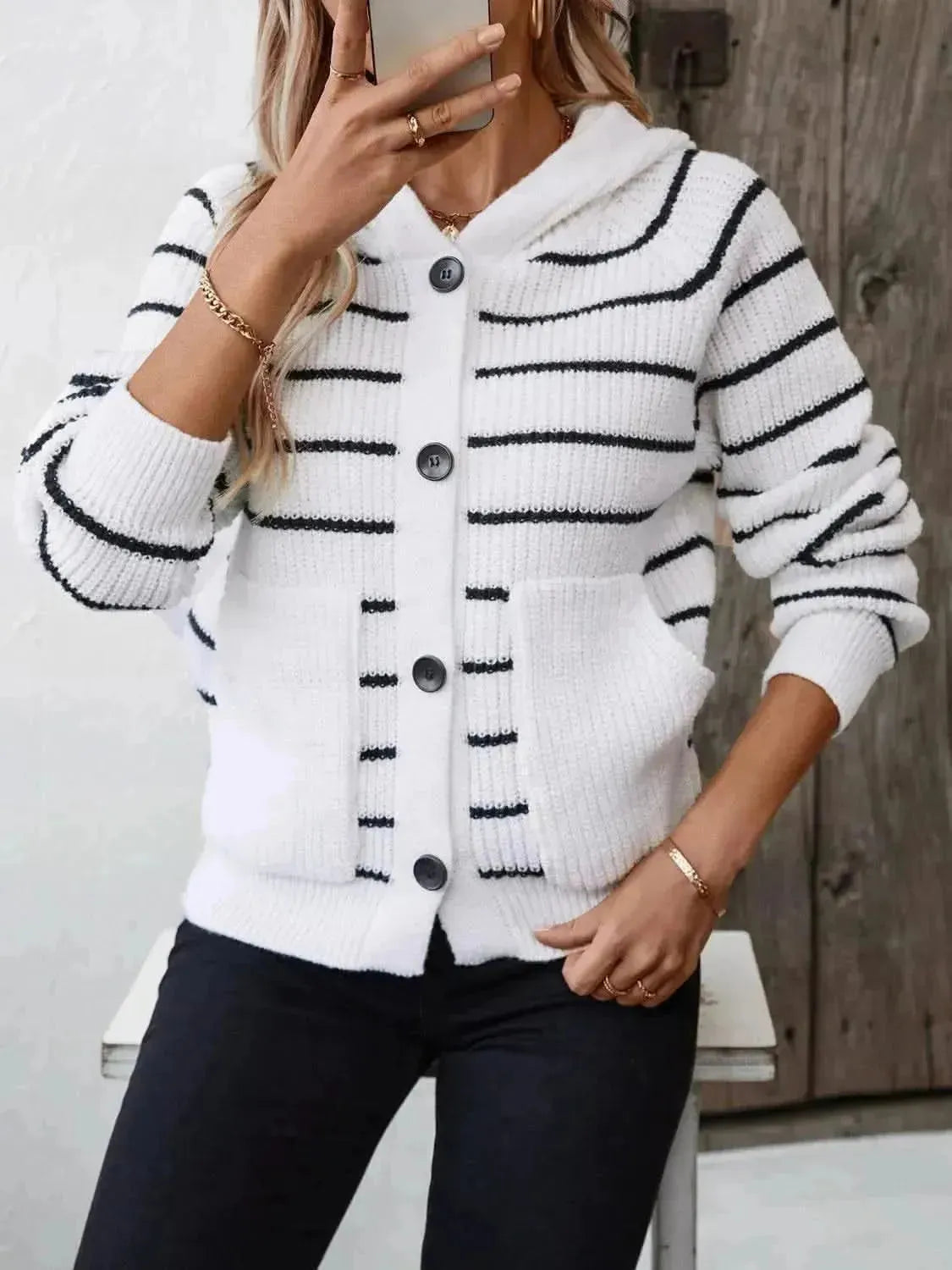 Striped Button Up Long Sleeve Hooded Cardigan - Bad Moms Club