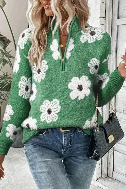 Flower Half Zip Long Sleeve Sweater - Bad Moms Club