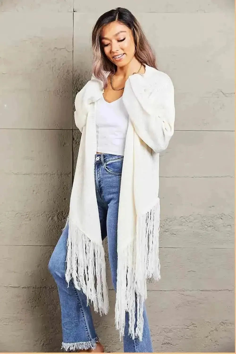 Fringe Hem Open Front Ribbed Trim Cardigan - Bad Moms Club