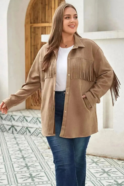 Plus Size Fringe Trim Snap Down Long Sleeve Shacket - Bad Moms Club