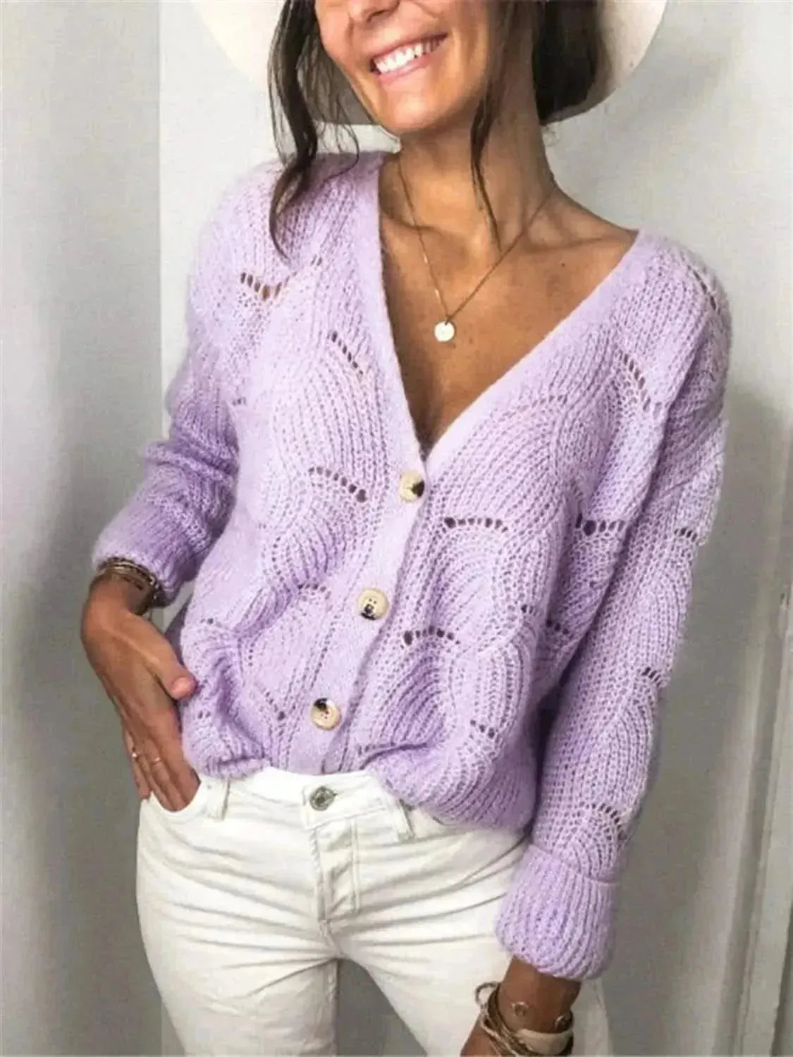 Openwork Button Up Long Sleeve Cardigan - Bad Moms Club