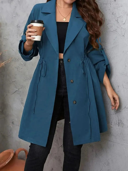 Plus Size Lapel Collar Drawstring Roll-Tab Sleeve Trench Coat - Bad Moms Club