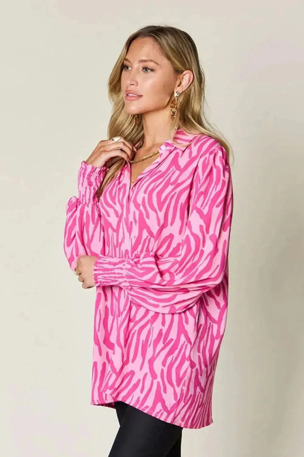 Double Take Full Size Printed Smocked Long Sleeve Blouse - Bad Moms Club