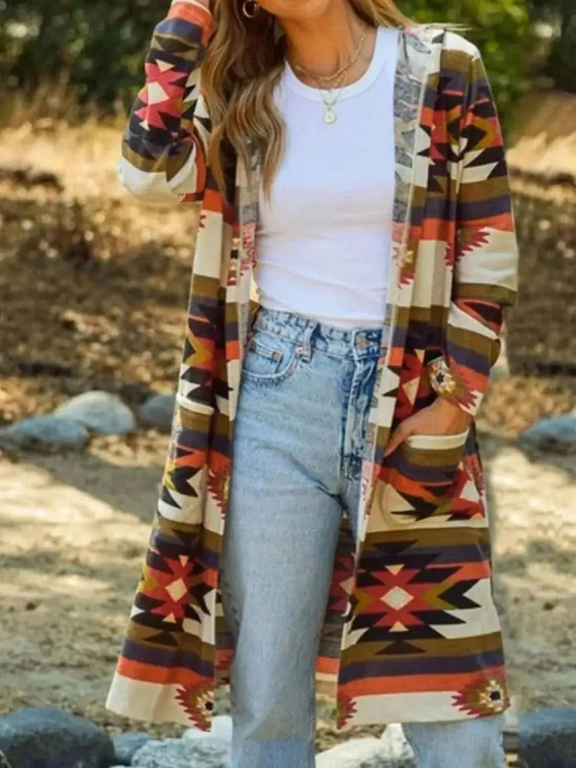 Geometric Hooded Cardigan with Pockets - Bad Moms Club