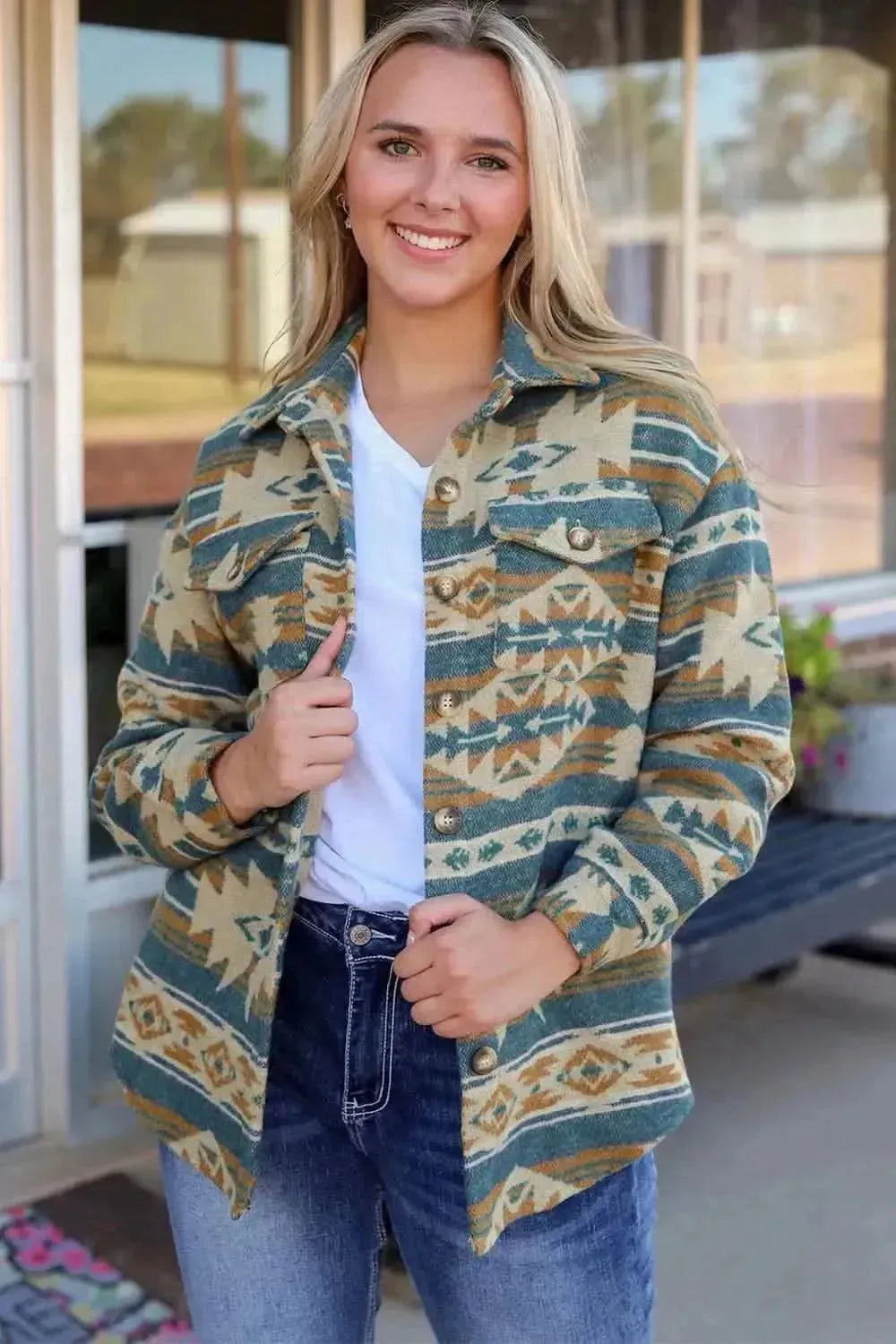 Geometric Button Down Collared Jacket - Bad Moms Club