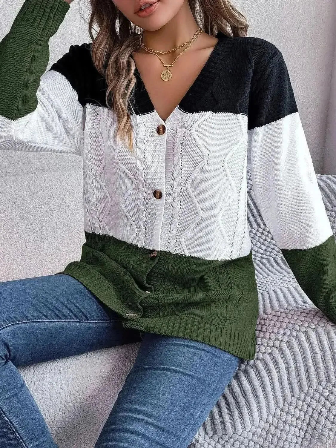 Cable-Knit Striped Button Up Cardigan - Bad Moms Club