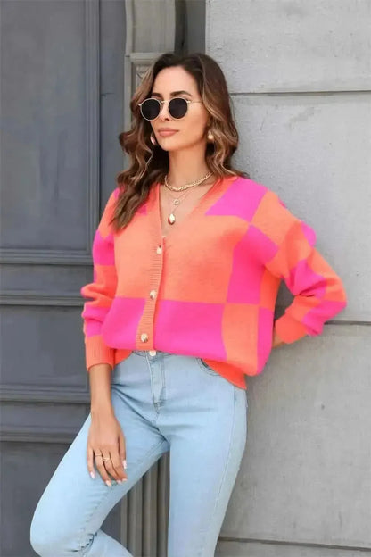 Plaid V-Neck Dropped Shoulder Cardigan - Bad Moms Club