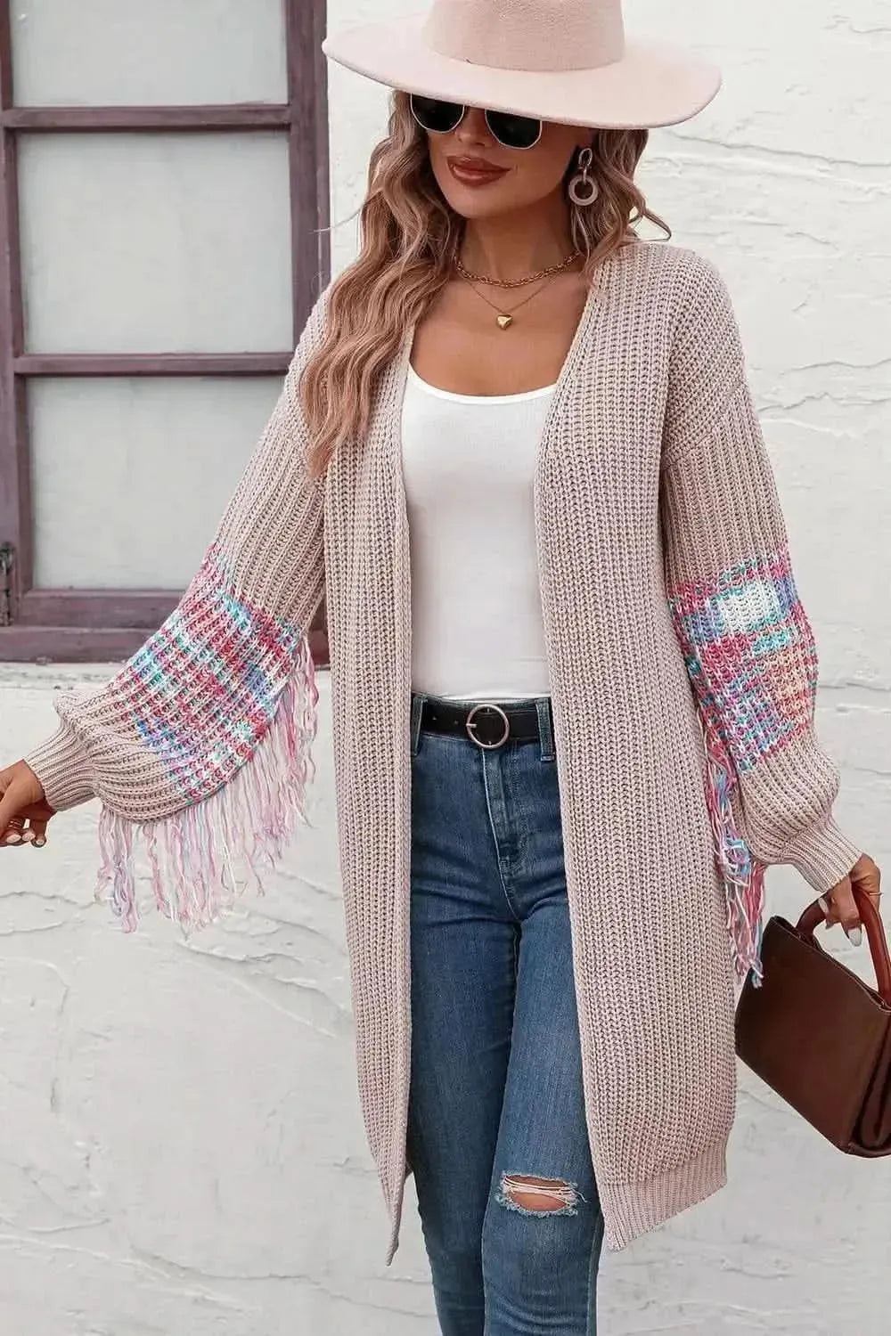 Fringe Sleeve Dropped Shoulder Cardigan - Bad Moms Club