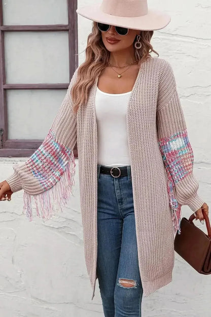 Fringe Sleeve Dropped Shoulder Cardigan - Bad Moms Club