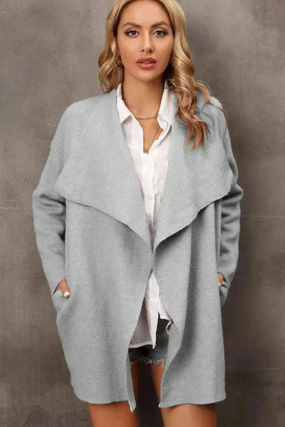 Waterfall Collar Longline Cardigan with Side Pockets - Bad Moms Club