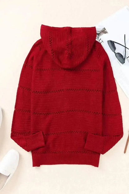 Zip-Up Raglan Sleeve Openwork Hooded Cardigan - Bad Moms Club