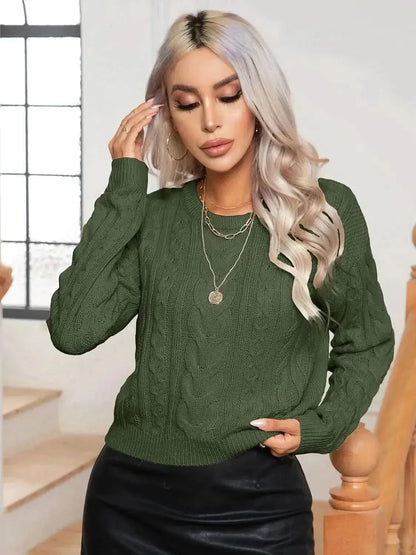 Cable-Knit Round Neck Long Sleeve Sweater - Bad Moms Club