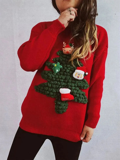 Christmas Tree Round Neck Long Sleeve Sweater - Bad Moms Club