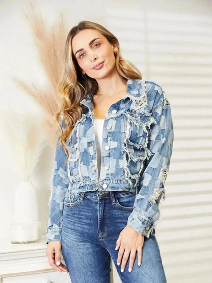 Plaid Raw Hem Dropped Shoulder Denim Jacket - Bad Moms Club