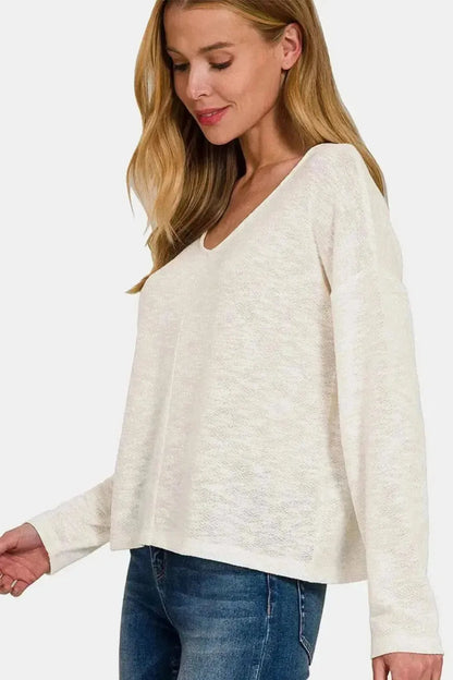 Zenana V-Neck Dropped Shoulder Long Sleeve T-Shirt - Bad Moms Club