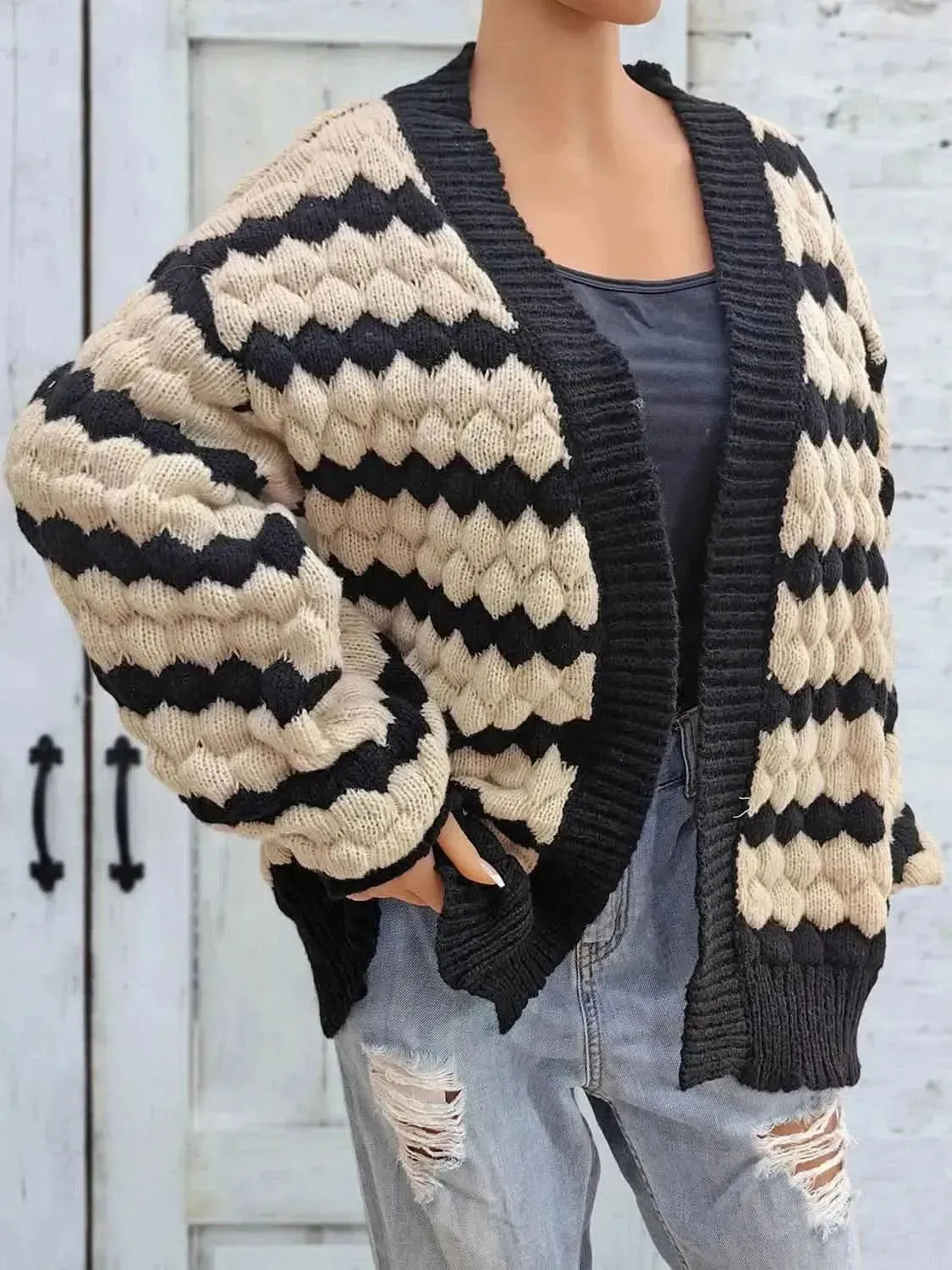 Striped Contrast Open Front Long Sleeve Cardigan - Bad Moms Club