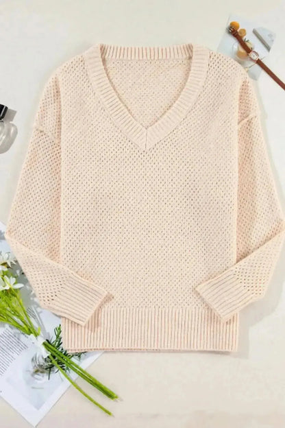 V-Neck Dropped Shoulder Long Sleeve Sweater - Bad Moms Club