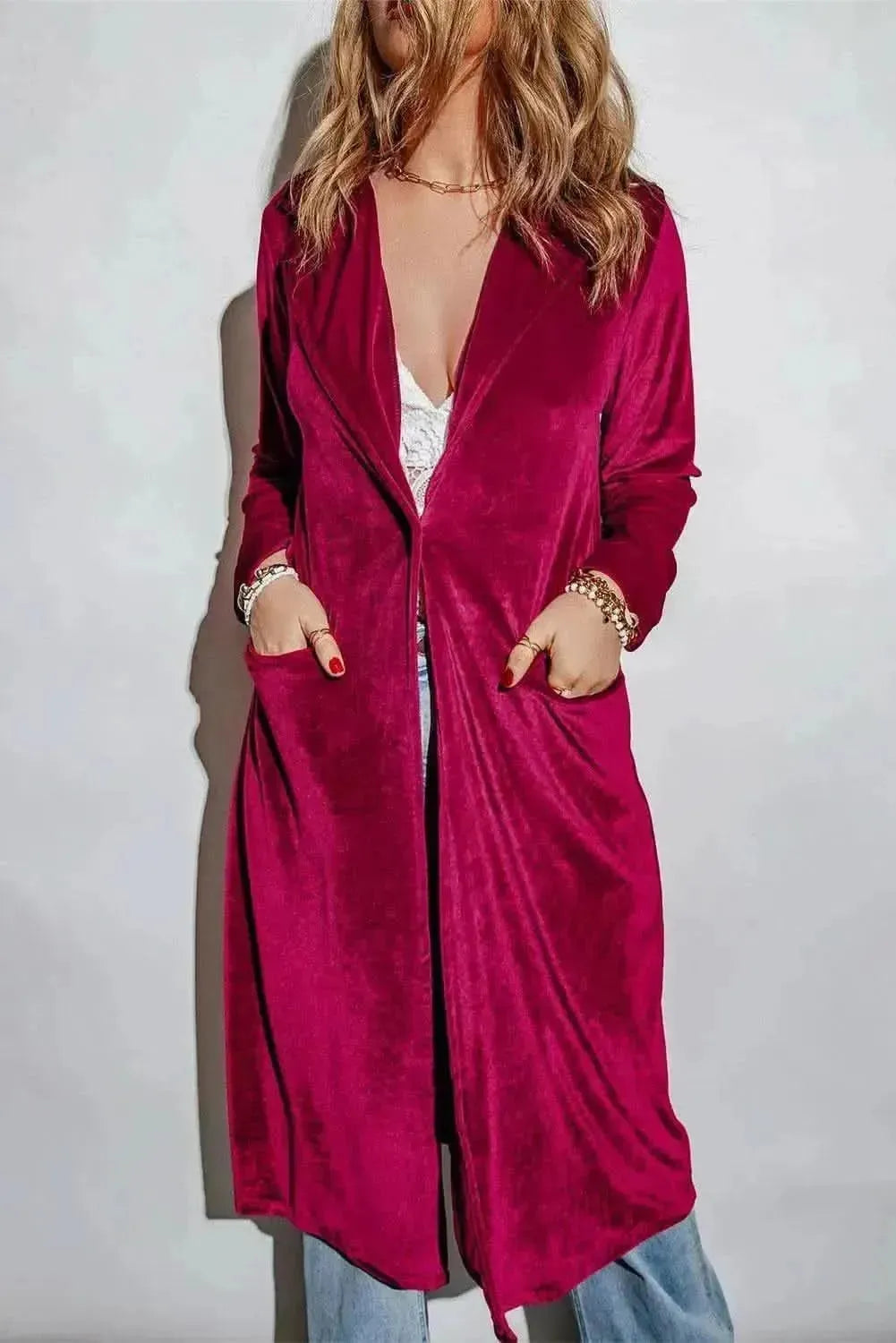 Collared Neck Longline Velvet Cardigan with Pockets - Bad Moms Club