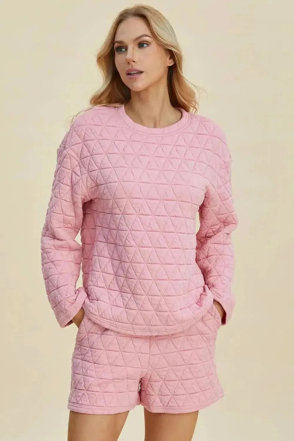 Double Take Full Size Texture Round Neck Long Sleeve Top and Shorts Set - Bad Moms Club