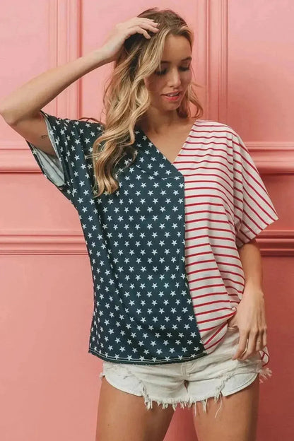 BiBi US Flag Themed Color Block Short Sleeve T-Shirt - Bad Moms Club