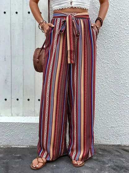 Perfee Tied Geometric Wide Leg Pants - Bad Moms Club