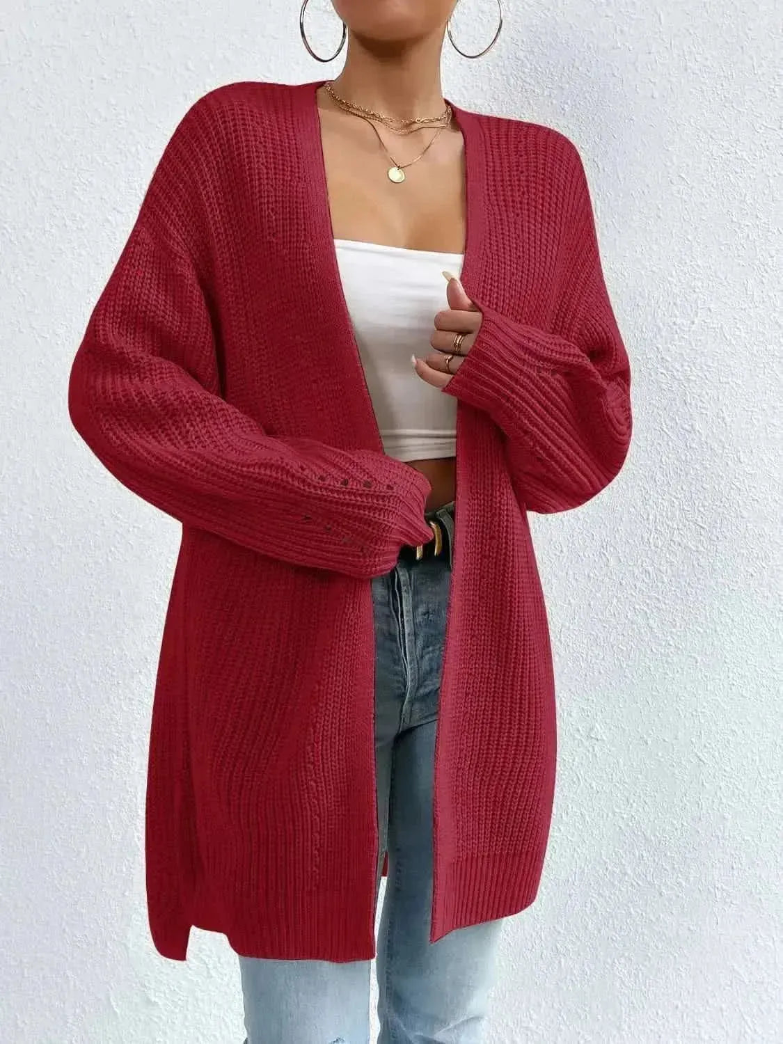 Open Front Dropped Shoulder Slit Cardigan - Bad Moms Club