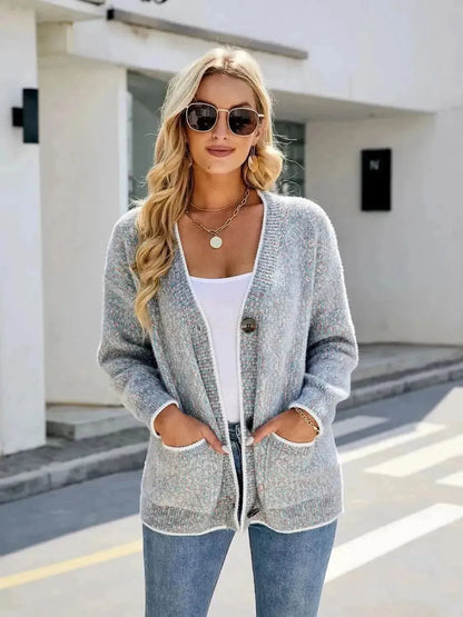 Button Down V-Neck Cardigan with Pockets - Bad Moms Club