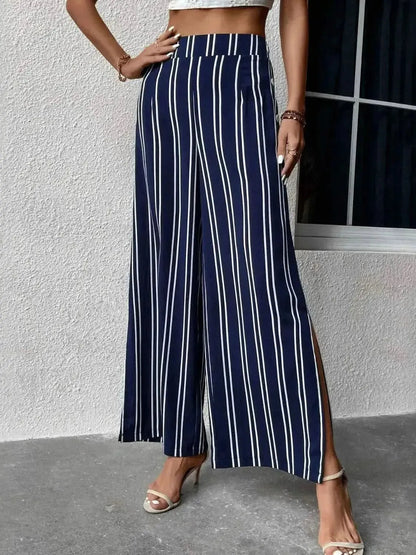 Perfee Striped Slit Wide Leg Pants - Bad Moms Club