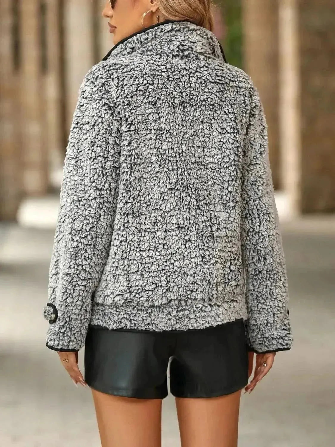 Fuzzy Pocketed Button Up Jacket - Bad Moms Club