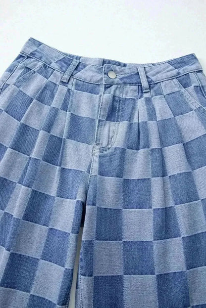 Checkered Wide Leg Jeans with Pockets - Bad Moms Club