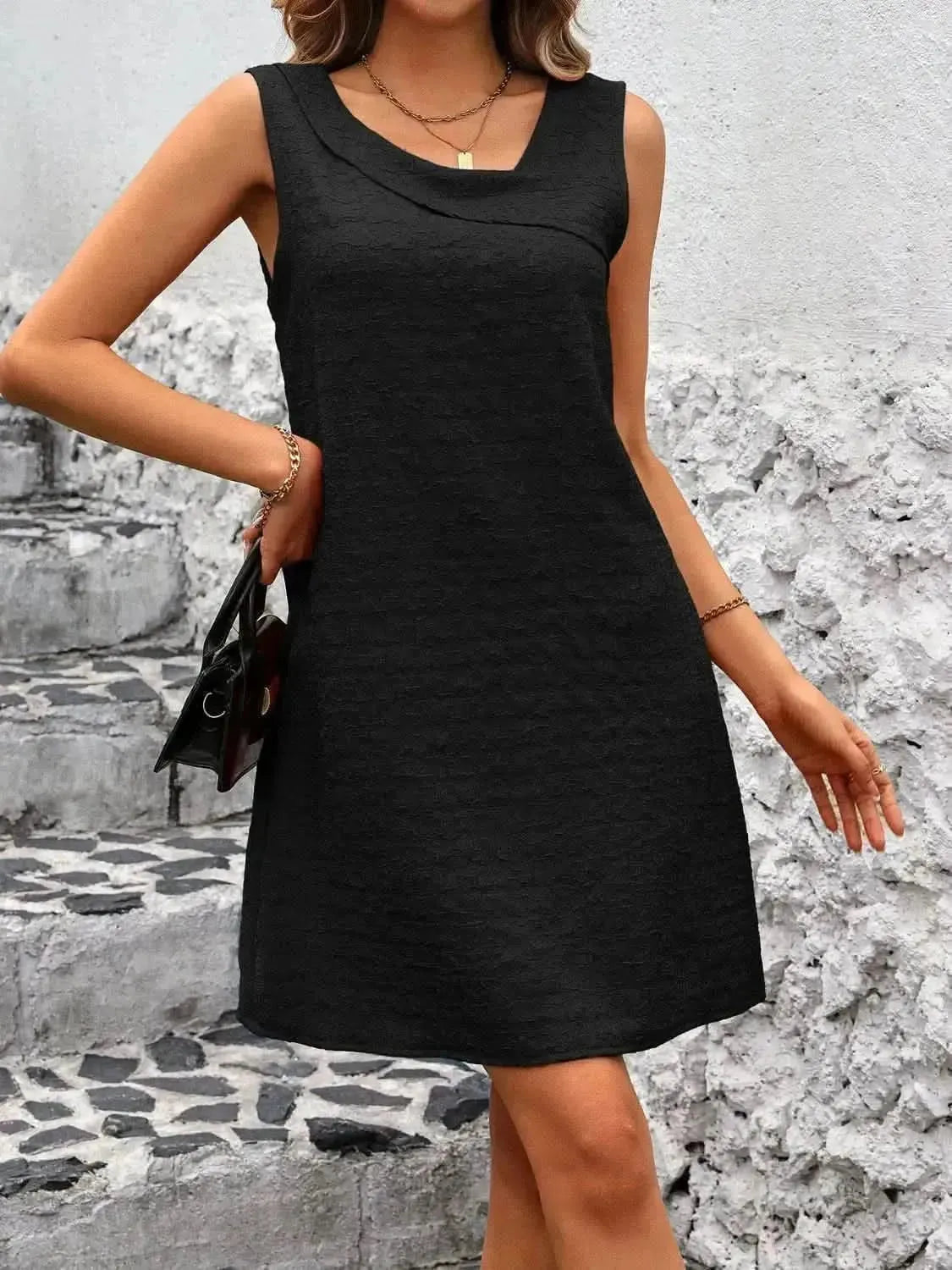 Ivy Lane Asymmetrical Neck Sleeveless Mini Dress - Bad Moms Club