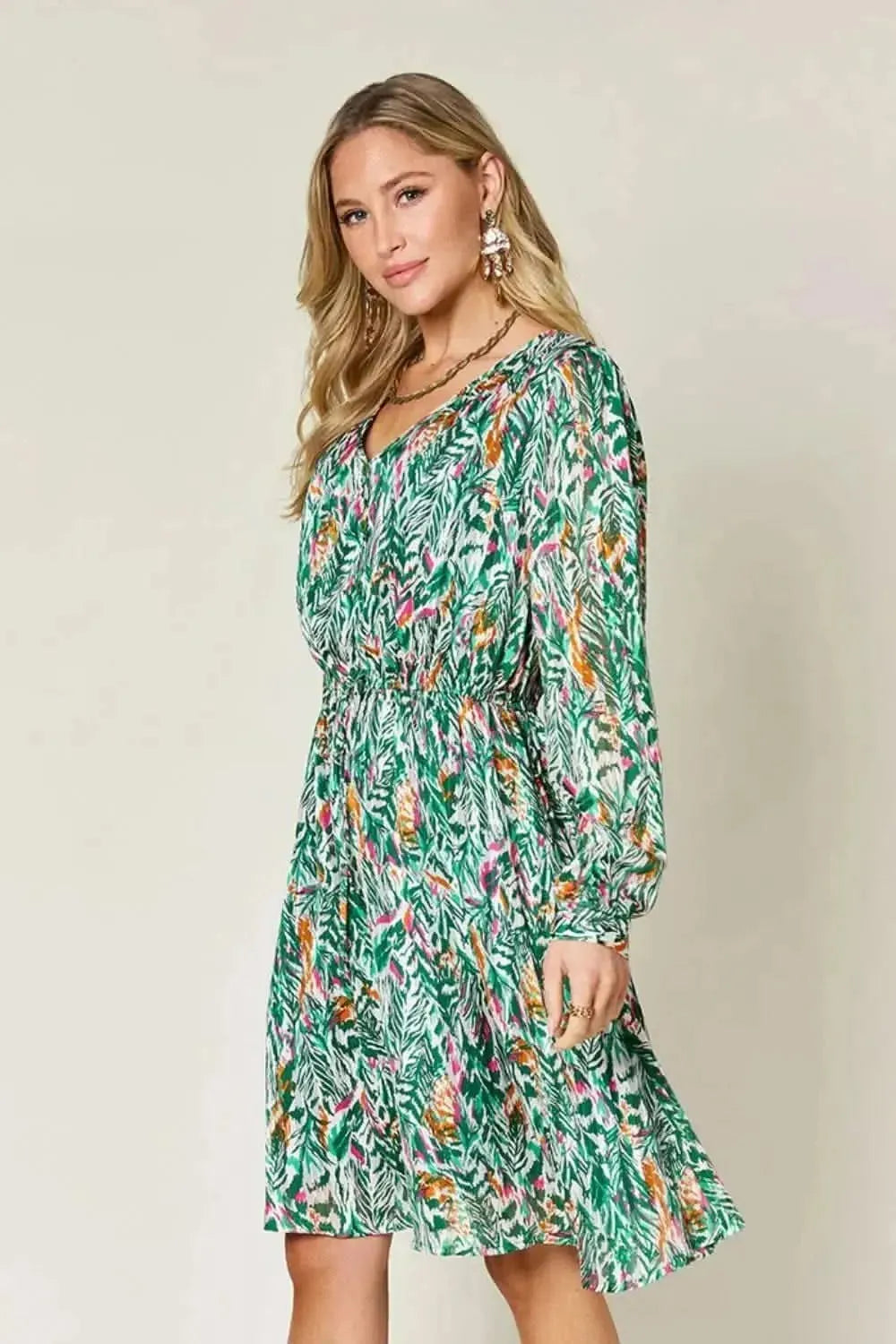 Double Take Full Size Printed Drawstring Waist Long Sleeve Dress - Bad Moms Club