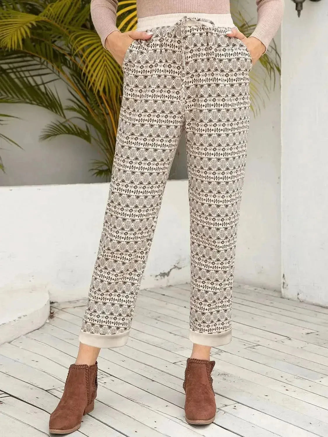 Ivy Lane Tied Printed Pants with Pockets - Bad Moms Club
